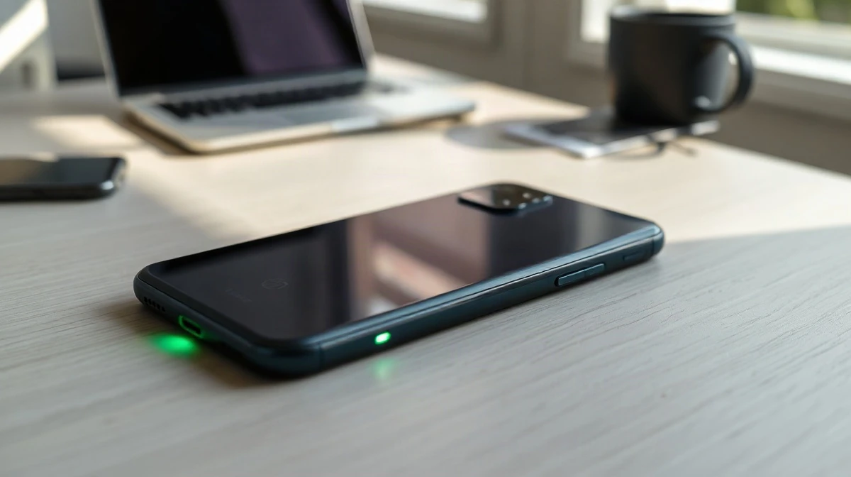 Google Pixel 11 Pro XL face-down with glowing green LED notification light on its back
