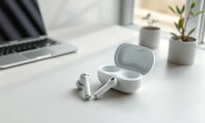 Plaud One wireless earbuds with their charging case on a desk
