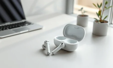 Plaud One wireless earbuds with their charging case on a desk