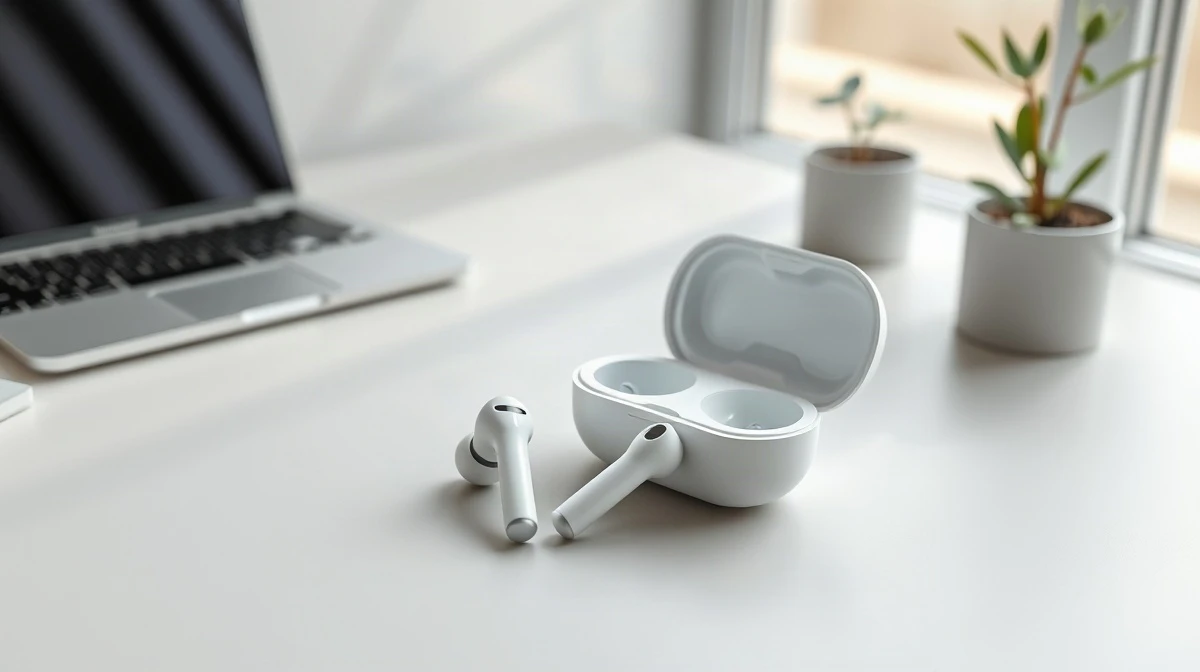 Plaud One wireless earbuds with their charging case on a desk