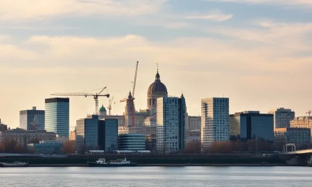 Warsaw skyline with construction cranes, symbolizing Poland's economic growth and investment rebound