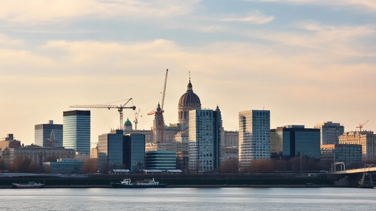 Warsaw skyline with construction cranes, symbolizing Poland's economic growth and investment rebound