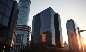 Warsaw financial district skyline with the Palace of Culture and Science at sunset