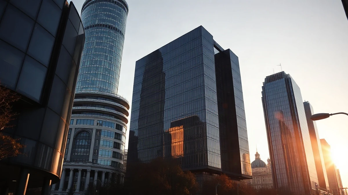 Warsaw financial district skyline with the Palace of Culture and Science at sunset