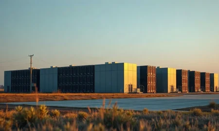 Large data center facility at dusk in a Midwestern landscape