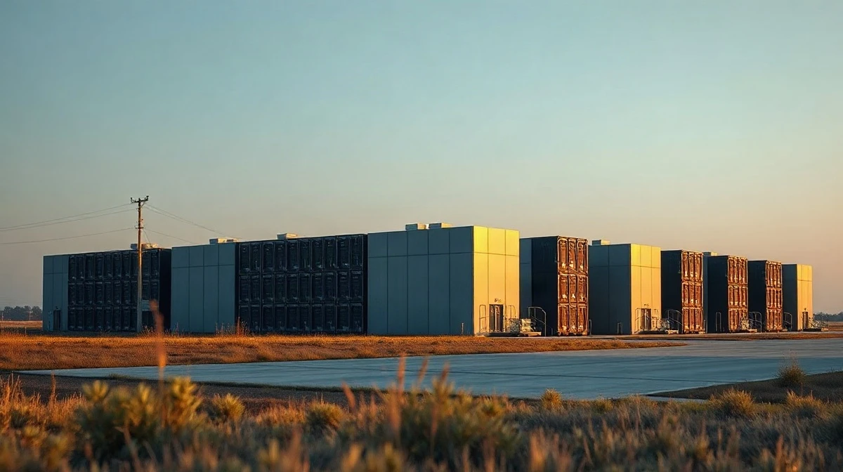 Large data center facility at dusk in a Midwestern landscape