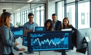 Finance team collaborating in a modern office with AI accounting dashboards on screens