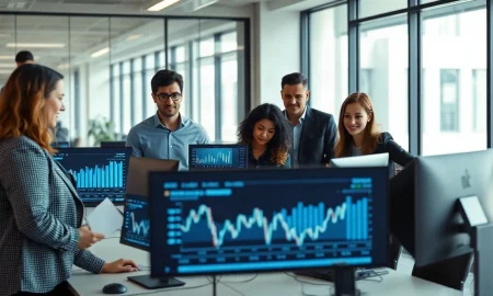 Finance team collaborating in a modern office with AI accounting dashboards on screens