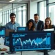 Finance team collaborating in a modern office with AI accounting dashboards on screens