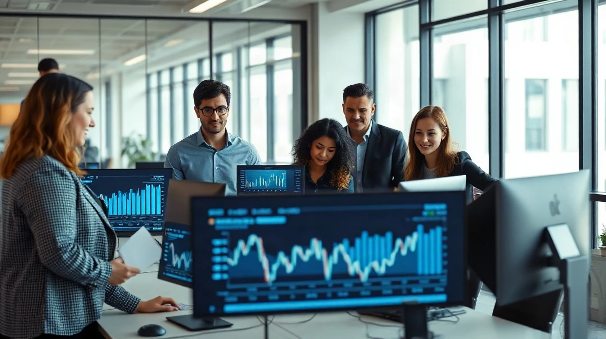 Finance team collaborating in a modern office with AI accounting dashboards on screens