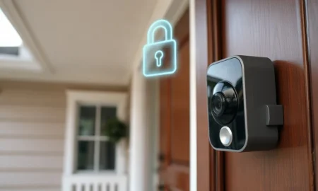 Ring video doorbell camera mounted outside a home, representing new TAKE encryption for cloud features.