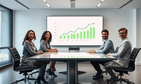 Executives reviewing an AI cost dashboard in a modern boardroom
