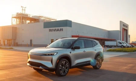 Rivian R2 SUV parked outside a modern EV factory at sunset
