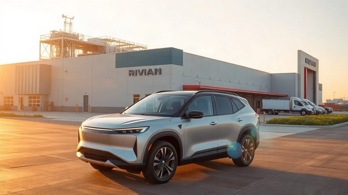Rivian R2 SUV parked outside a modern EV factory at sunset