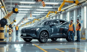 Rivian R2 SUV on an automated assembly line with robotic arms and engineers in a modern factory