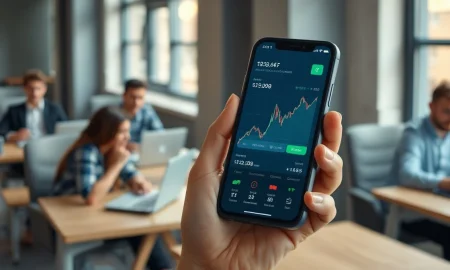 Hand holding smartphone showing trading app with rising graph in a startup office setting