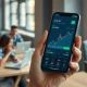 Hand holding smartphone showing trading app with rising graph in a startup office setting