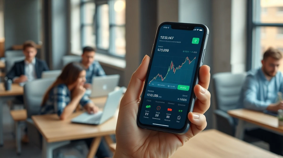 Hand holding smartphone showing trading app with rising graph in a startup office setting