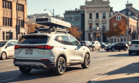 Autonomous test vehicle with rooftop sensors parked on a city street