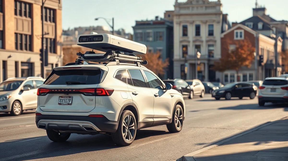 Autonomous test vehicle with rooftop sensors parked on a city street