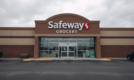 Closed Safeway grocery store with sign on door in a shopping center parking lot