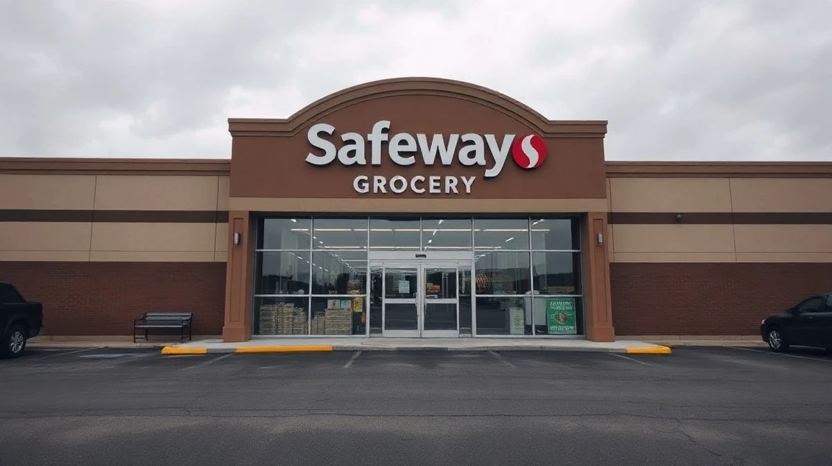 Closed Safeway grocery store with sign on door in a shopping center parking lot