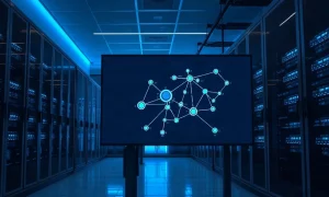AI data center with network graph on screen, representing AI development and security concerns