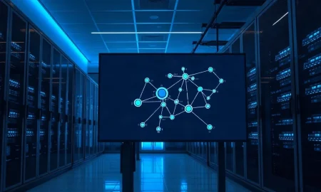 AI data center with network graph on screen, representing AI development and security concerns