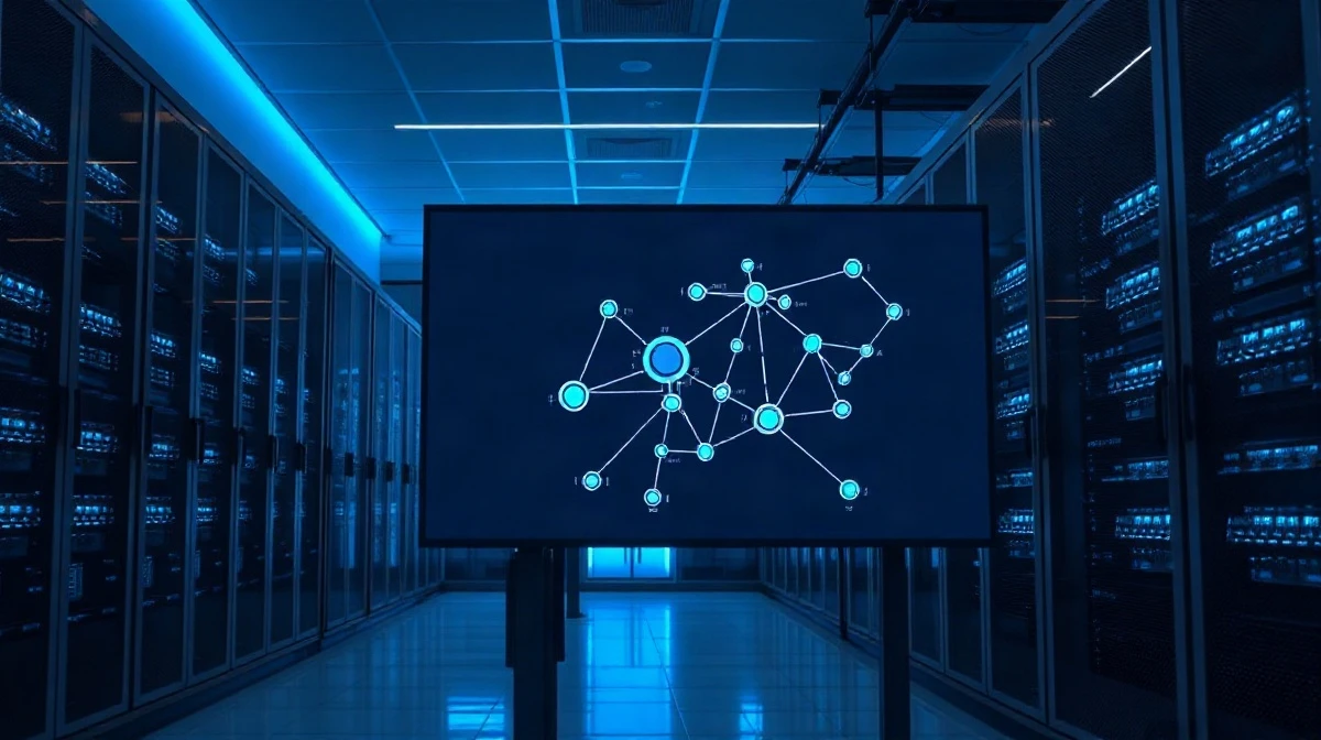 AI data center with network graph on screen, representing AI development and security concerns