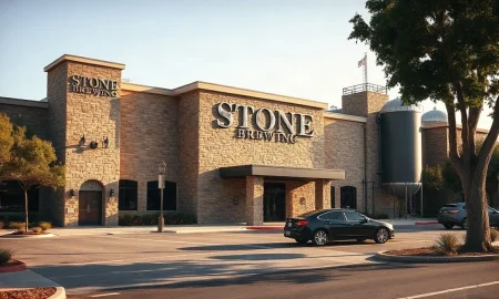 Exterior of Stone Brewing's Escondido brewery in California, site of 220 layoffs announced by Sapporo USA.