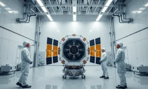 Engineers in a cleanroom working on a large satellite at a European aerospace facility.