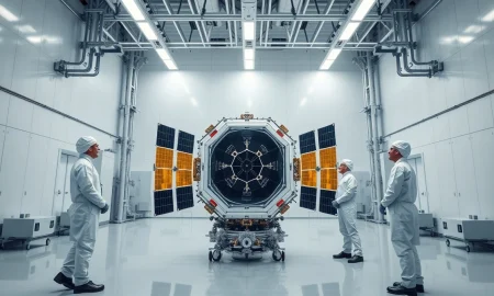 Engineers in a cleanroom working on a large satellite at a European aerospace facility.