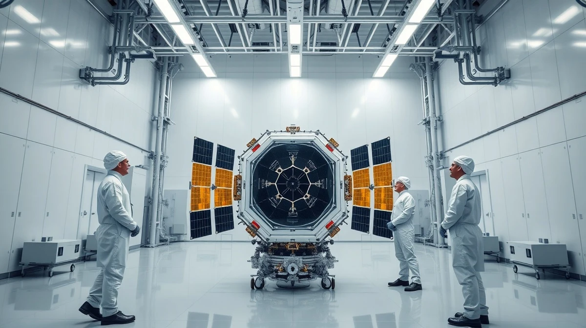 Engineers in a cleanroom working on a large satellite at a European aerospace facility.
