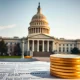 California State Capitol building in Sacramento, with a stack of gold coins and a tax form in the foreground, symbolizing the billionaire tax debate.