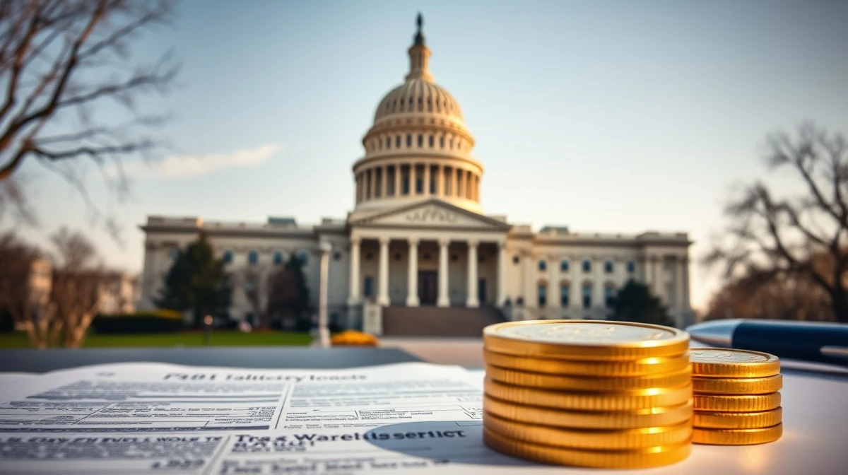 California State Capitol building in Sacramento, with a stack of gold coins and a tax form in the foreground, symbolizing the billionaire tax debate.