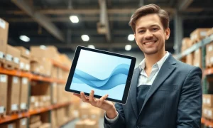 Professional holding tablet in a modern e-commerce fulfillment center, representing Shopify's AI-driven sales growth