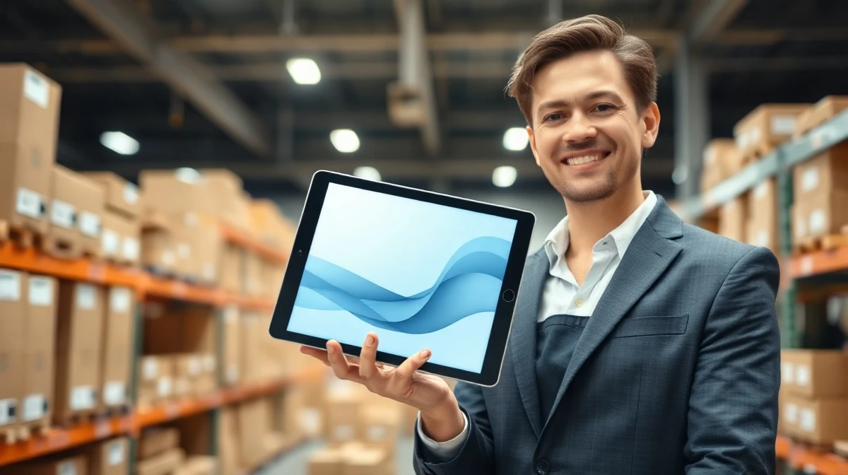 Professional holding tablet in a modern e-commerce fulfillment center, representing Shopify's AI-driven sales growth