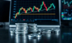 Silver bullion coins and bars on a trading desk with a monitor showing a declining price chart