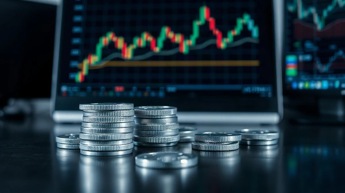Silver bullion coins and bars on a trading desk with a monitor showing a declining price chart