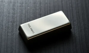 A polished silver bar on a dark surface, representing the silver market.