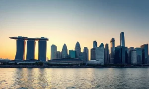 Singapore skyline at dusk with financial district and Marina Bay Sands