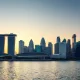 Singapore skyline at dusk with financial district and Marina Bay Sands