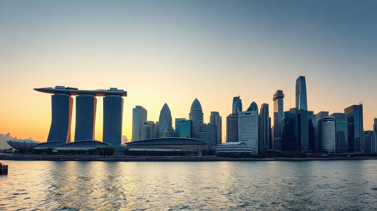 Singapore skyline at dusk with financial district and Marina Bay Sands