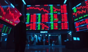 Trading floor with red stock charts after tech sell-off losses at Situational Awareness fund