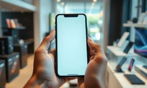 Person holding a modern smartphone in a softly blurred retail environment