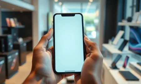 Person holding a modern smartphone in a softly blurred retail environment