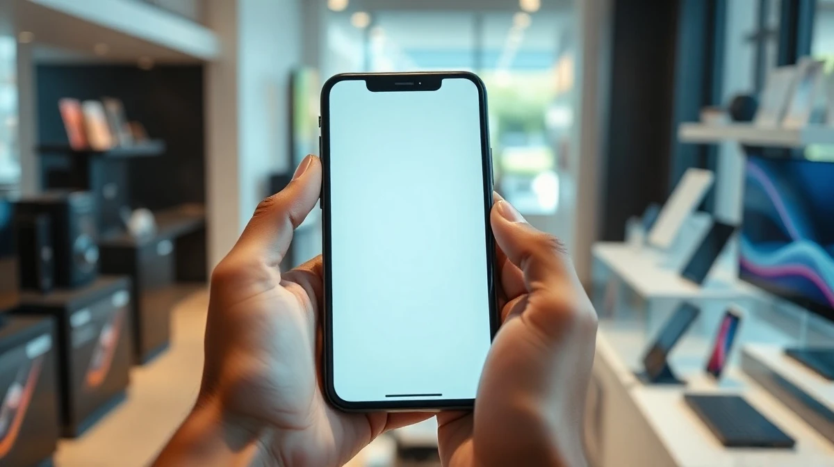 Person holding a modern smartphone in a softly blurred retail environment
