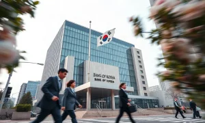 Bank of Korea headquarters in Seoul with South Korean flag, symbolizing monetary policy decisions