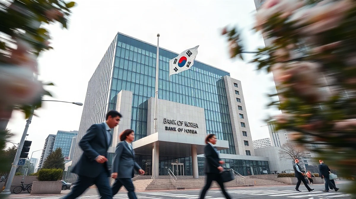 Bank of Korea headquarters in Seoul with South Korean flag, symbolizing monetary policy decisions