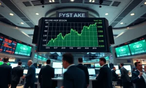 Stock market traders watching an electronic board with rising green numbers during a record-high trading session